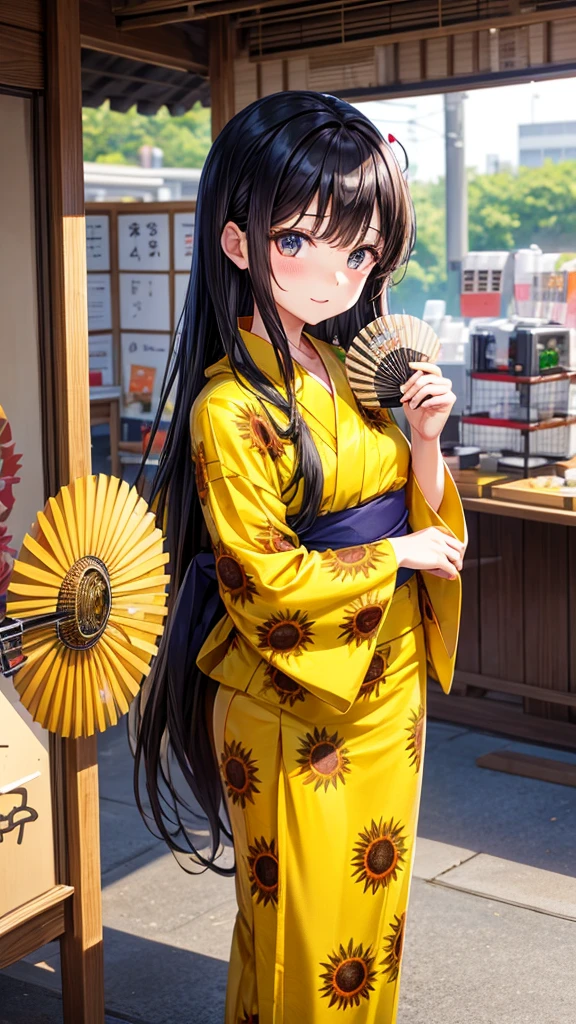 Sunflower yukata　Cute Girls　stall　Fan, long black hair　holding a fan in one&#39;s hand
