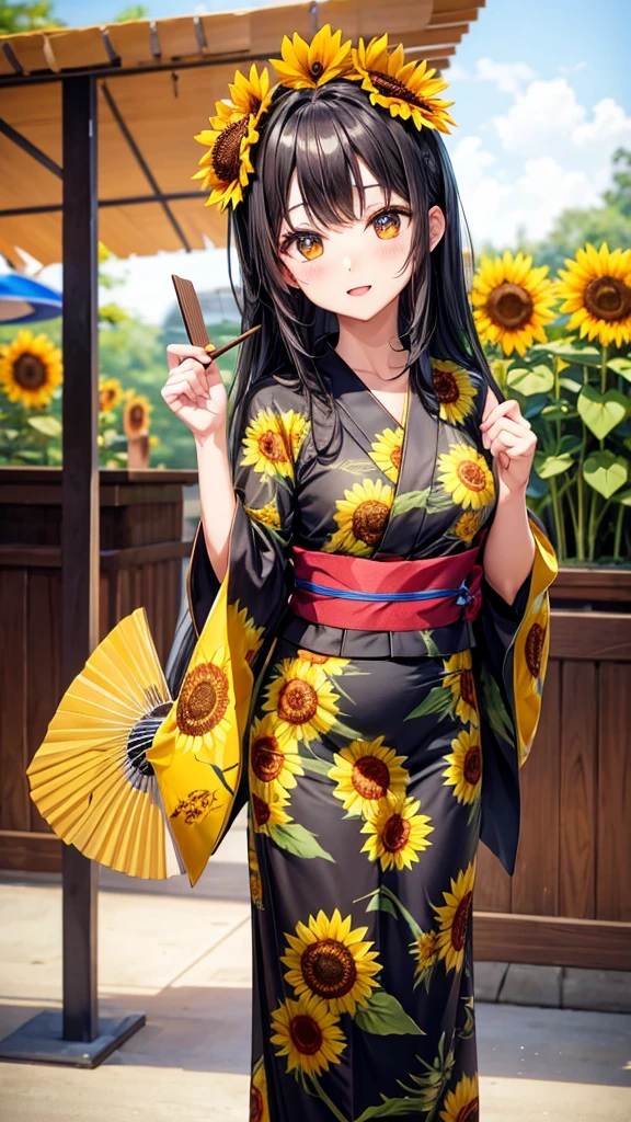 Sunflower yukata　Cute Girls　stall　Fan, long black hair　holding a fan in one&#39;s hand
