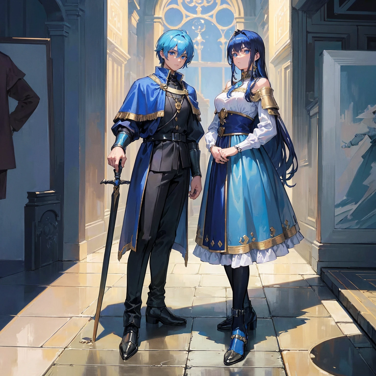 The blue-haired prince with bright blood red eyes wore a short-sleeved shirt and long pants. sitting on the throne