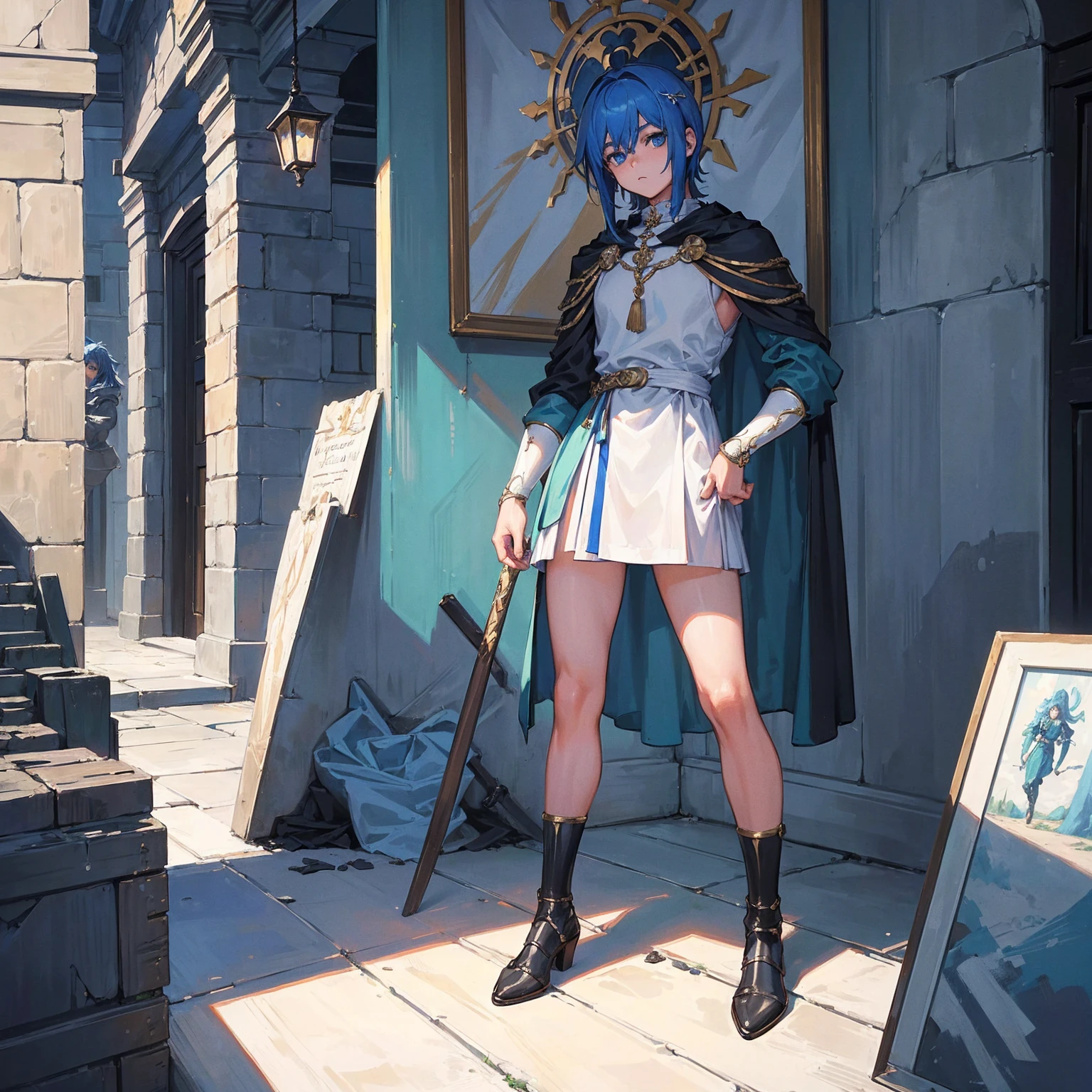 (masterpiece, Best quality, 32 thousand.), (((facing the viewer, full height))), ((full body)), ((age man)) with blue hair , ((Blue eyes)), ((medieval fantasy classic costume))