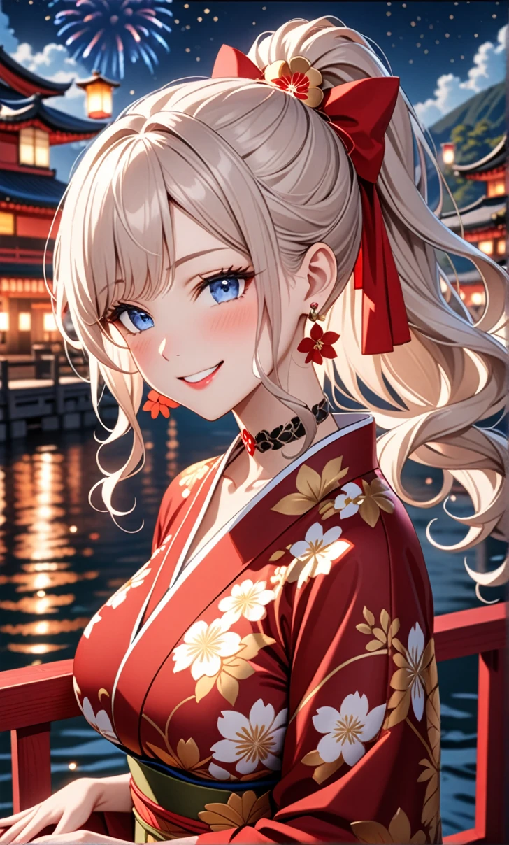 ultra-detailed, ((one girl)), in pastel color girl, hyper detailed, absurdres, 8K, Beautiful Face, (Laugh shyly), ((teasing smile:1.8)), ((Wink:1.8)), (Laugh with your mouth wide open),(Tilt your head:1.3), View your viewers, ((Bright red cheeks:1.6)),Glossy Red Lips, ((Big Breasts:1.5)), (valley),night, Riverside,On Bridge, firework, (Brighten your face), ((Anime style background)),masterpiece, Highest quality, so beautiful,Latest, Complex details, (Pink long nails), (nail art), (ring),(bracelet), (Floral Choker),AI-generated, Complex,High resolution, Highest quality, super high quality,3D Images、3D Images,One person,White long hair,(High Ponytail), (wavy hair:1.3), Fair-skinned anime woman posing for a photo, ((Fine grain、blue eyes、glowing eyes:1.4)), (Squint your eyes:1.1),a hyperRealistic , hyperRealistic , Realistic, Anime woman with long white hair, Smooth anime CG art, A girl in a gorgeous kimono with gold embroidery, ((black furisode:1.3)),(Red floral pattern) ,Long flower hair ornament,Floral Earrings,Mature Body, tall,Abdominal muscles,Narrow waist,((arched back:1.9)), (front view),
