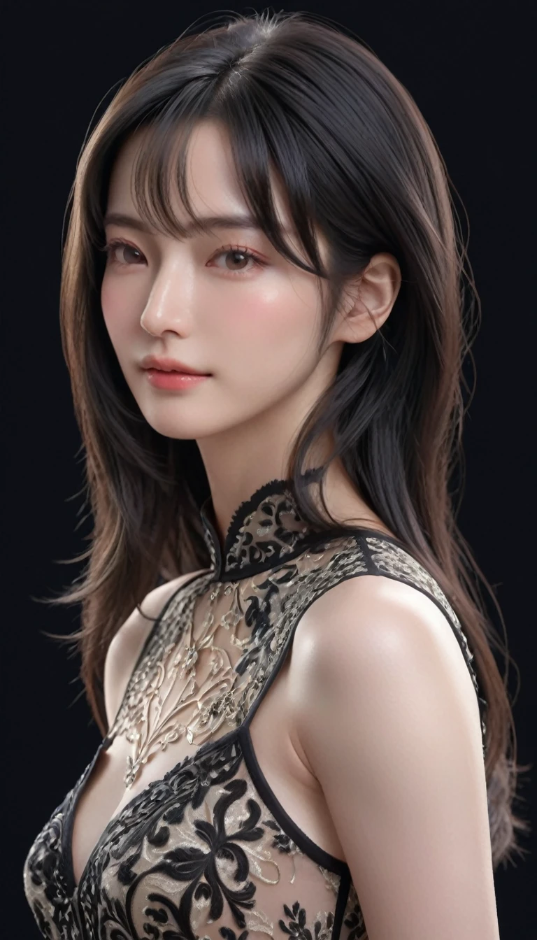 ((最大16K解像度のmasterpiece:1.6)),beautiful,Highest quality,Absolutely wonderful,Very detailed,Ultra-high resolution,masterpiece,Realistic,Realistic,Increased depth of field,Cinematic Light, 
One elegant mature woman, Long black hair,beautiful顔,Very detailedな顔の表現,Face with a gentle expression,Transparent white skin,Very delicate skin texture,Great proportions,Anatomically correct body, 
Elegant high slit dress,Gorgeous colors,Gorgeous and detailed pattern,Beautifully detailed pattern,Detailed cloth texture,
Black Background,
Focus on the upper body,(Face close-up:1.5),