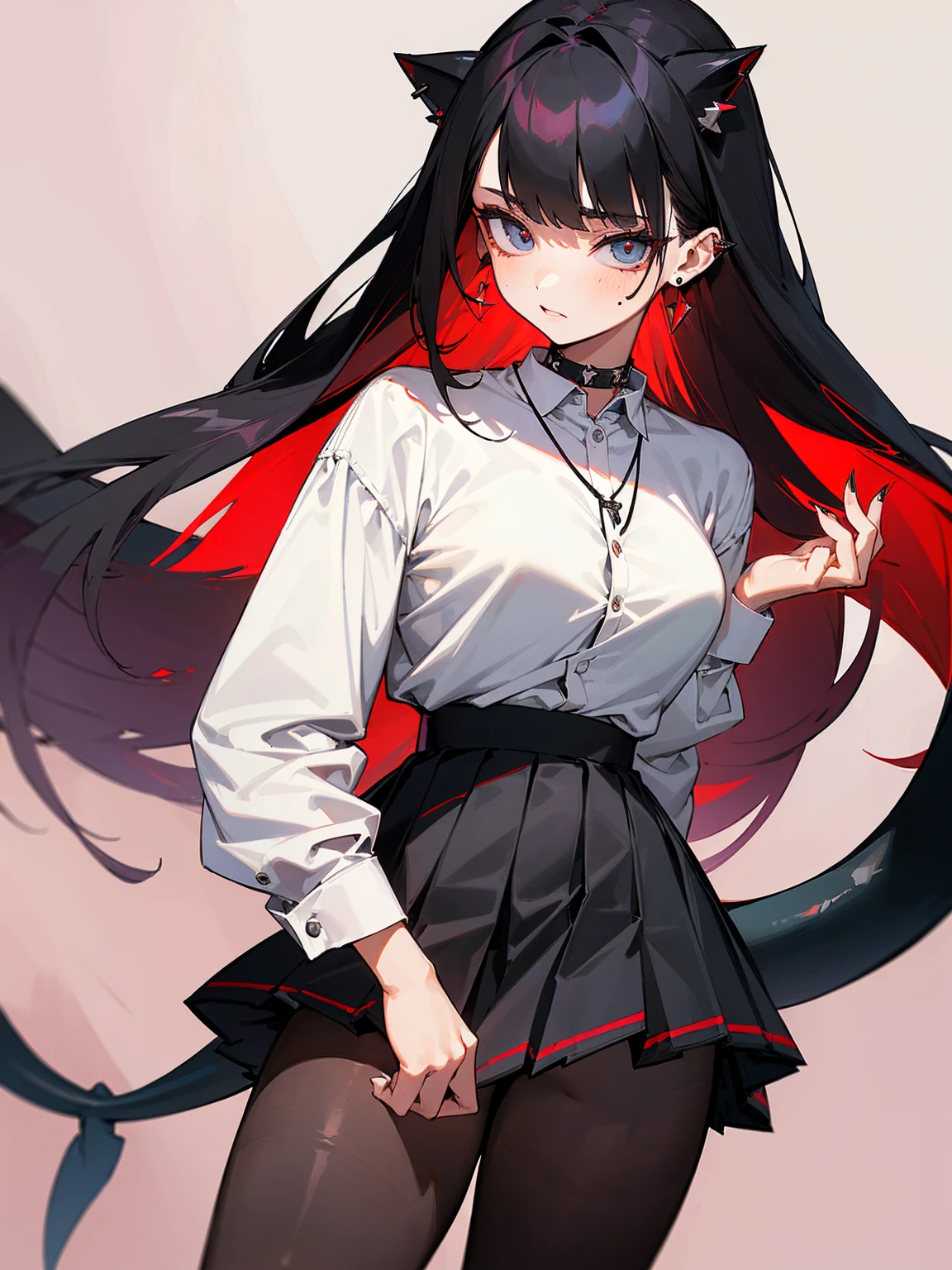 ((Long Straight Black hair)), Perfect face, Choker, Punk earrings, ((Tall)), ((High Quality)), Necklace, ((Mature)), Pretty Eyes, Sharp Nails, Bangs, ((1 Girl)), ((Multiple Earrings)), 1 girl, Spiky Earrings, Adult, Spiked Collar, Thin Eyelashes, Plain Background, Red Colors in Background, Shark Girl, Long Tail, Large Tail, Massive Tail, Shark Tail, ((Black Pleated Skirt With Lines)), ((White Buttoned Shirt)), Close Up, Very Short Mini Skirt, Tall, Long Legs, Dynamic Pose, Black Tail, 2 moles under left eye, Wide Hips, Pantyhose, Thick Thighs, Vibrant Colors,