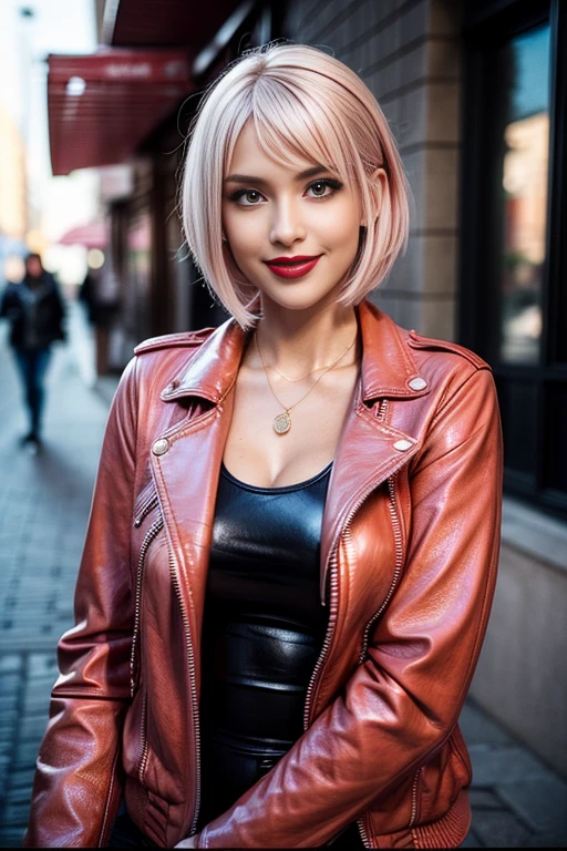 (masutepiece, Best Quality), ultra-detailliert, Photorealsitic, a short pink hair, beautiful female model, ((Coordinating sexy leather jackets)), leather pant, open-shirt, high-heels, a necklace, Ring Accessories, short Hair, Perfect face, Beautiful face, enticing, big gorgeous eyes, blue eyess, heavy make up, red-lips, seducting smile, Glamorous body, Voluptuous body, Big ass, down town, suggestive pose