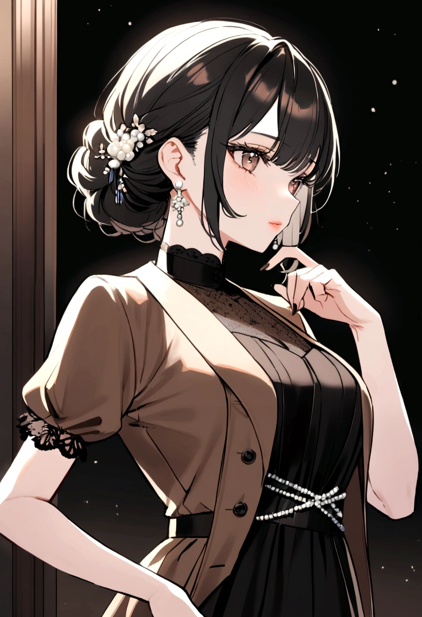26 year old woman, Bblack hair, good, White Pearl Earrings, black gown, short sleeve brown jacket