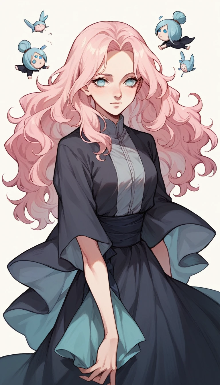 Female, Light Tan Skin, pink hair, long wavy hair, light purple eyes, glowing eyes, faint blush, serious seductive expression, ninja outfits, hair styled in ponytail, standing with hand on hip, black background.

