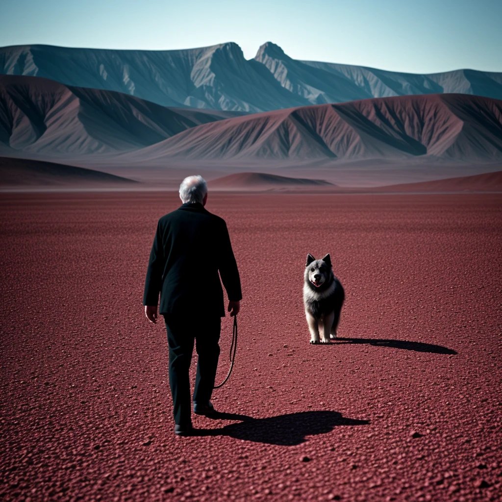 Fine art, black-white-red-green, high contrast, national geographical photo: André Uhlisch - Art, schwarzweiß rot grün, hoher kontrast, national geographic photo image, digital painting of a standing colorful old man dances through the dessert in a glittering dress. beautiful, hand in hand with pet long fur taken in the style of post-apocalyptic futurism on Ektachrome film with 14 mm focal length and Provia, soft and dreamy tones, detailed photo, bright coloring