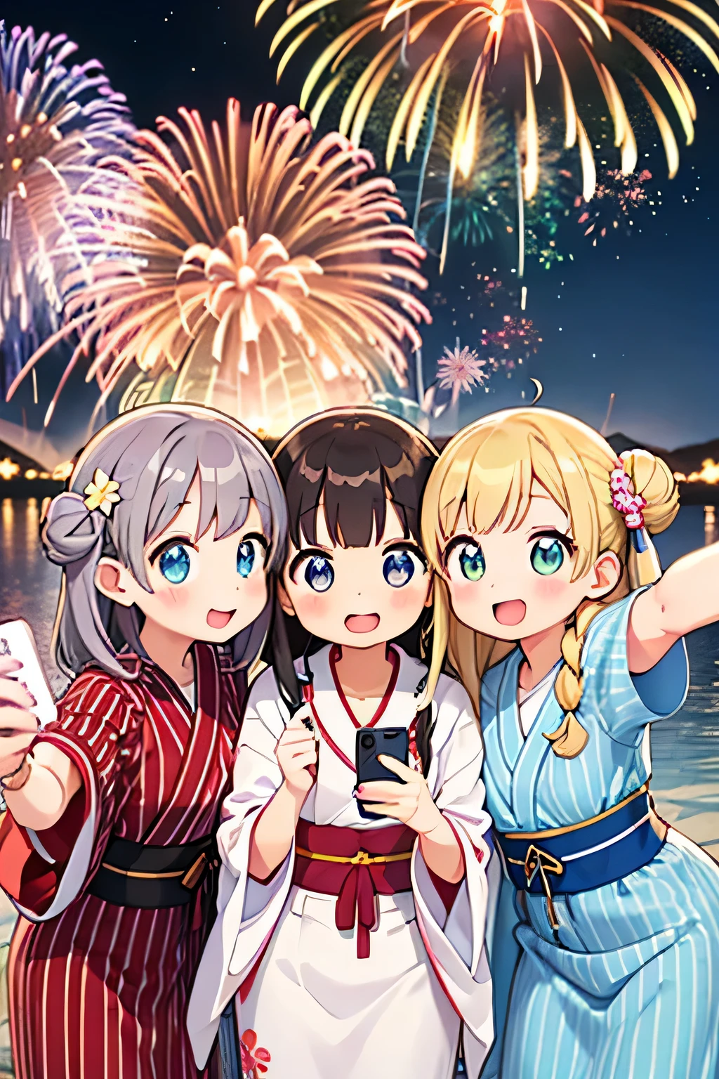 Highest quality、High resolution、Detailed Background、(Beautiful face in every detail:1.4)、Anatomically correct、(Detailed facial expressions)、age beauty、(Highly detailed face:1.2)、well-groomed eyebrows、cute eye makeup、Cute Lip Makeup、A big smile、smile、cute gesture、Lake Biwa、Fireworks display、A fun atmosphere、
(Three beautiful girls taking a selfie with fireworks in the background:1.5)、
We recommend the classic vertical striped yukata。Refreshing impression、Choosing a bright color for your obi will enhance the atmosphere.、Red or blue、Yellow is popular、
The lightweight design of these sandals makes them easy to walk in and makes your feet look neat.、It's also a good idea to pay attention to the use of accessories such as drawstring bags.、
The festive braided arrangement is adorable.、It's also nice to express your individuality with gorgeous decorations.、
We recommend hairstyles that are easy to move around in, such as loose buns or half-up styles.、
Lake Biwa Fireworks display、Fireworks will be launched over the surface of Lake Biwa.、The view of the fireworks reflected on the lake surface is spectacular and makes this a popular viewing spot.、cute