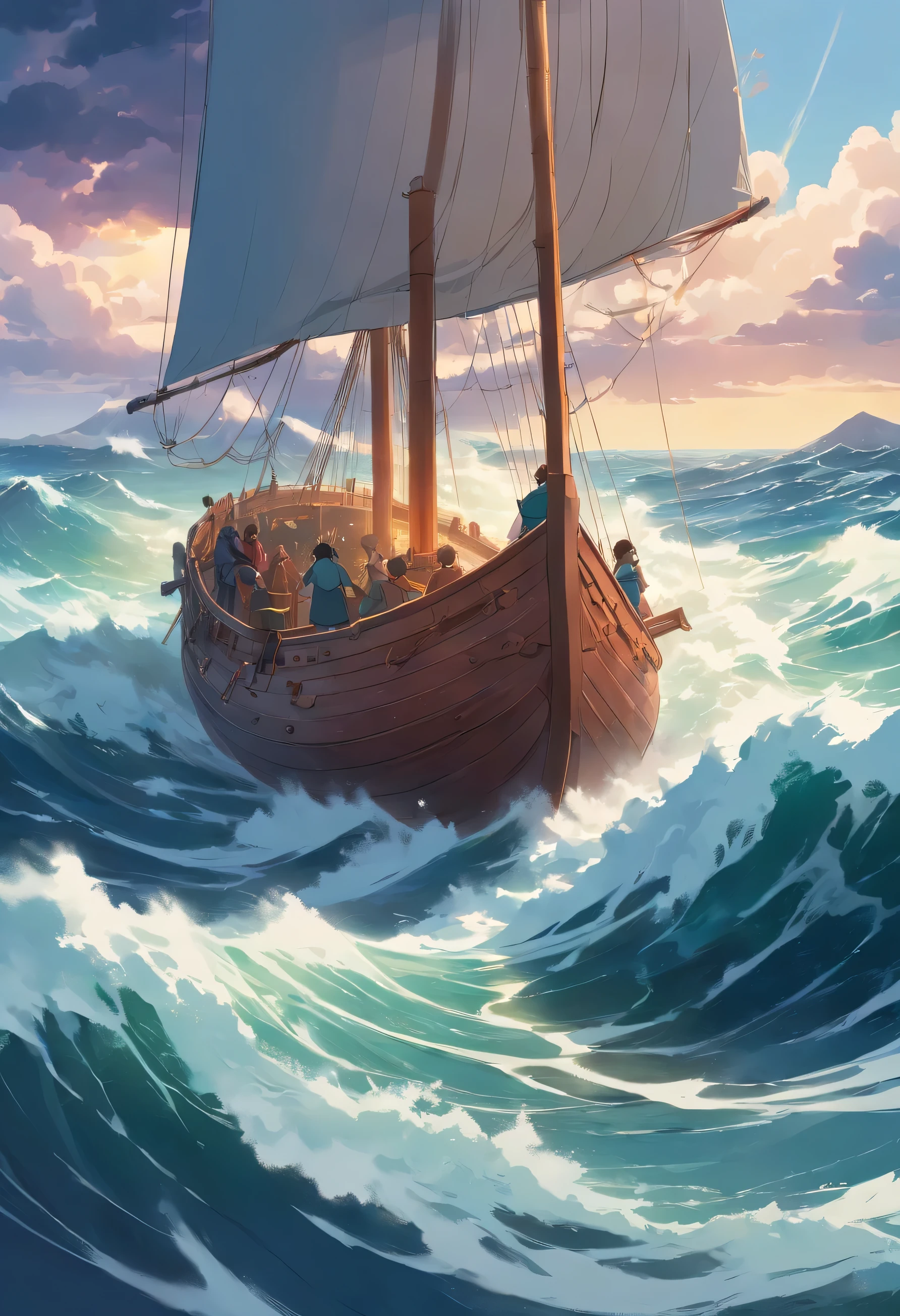 A Viking ship sailing through difficult waters, stormy sea with a determined crew on board. Highlight the ship's sheer power and resilience as it braves harsh weather conditions.