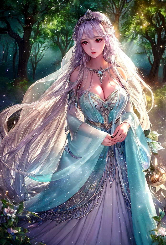 Create a stunning fantasy image that highlights a beautiful girl. She is in the center of an enchanted forest, surrounded by ancient and mystical trees that emit a soft magical light. Her clothing is elegant and ethereal., with a dress that seems to be made of stars and mist, that shines with a dim and magical light. Her long, loose hair blows in the wind., and has a crown of luminous flowers. His big, bright eyes reflect the wisdom and mystery of the fantasy world.. In the background, There are magical creatures like fairies and forest spirits, that add a touch of magic to the stage. The atmosphere is mystical and enchanting, with lights and shadows that create a fascinating and captivating atmosphere.