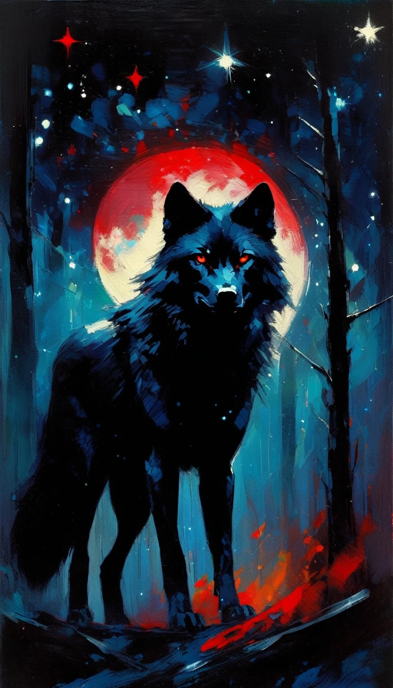 a fierce dark wolf with red eyes, magic, forest, fantastic, night sky, moon, stars, background, (simple oil painting in a style to Bill Sienkiewicz)
