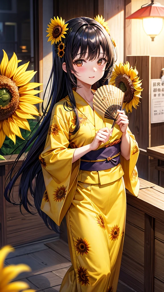 Sunflower yukata　Cute Girls　stall　Fan, long black hair　holding a fan in one&#39;s hand
