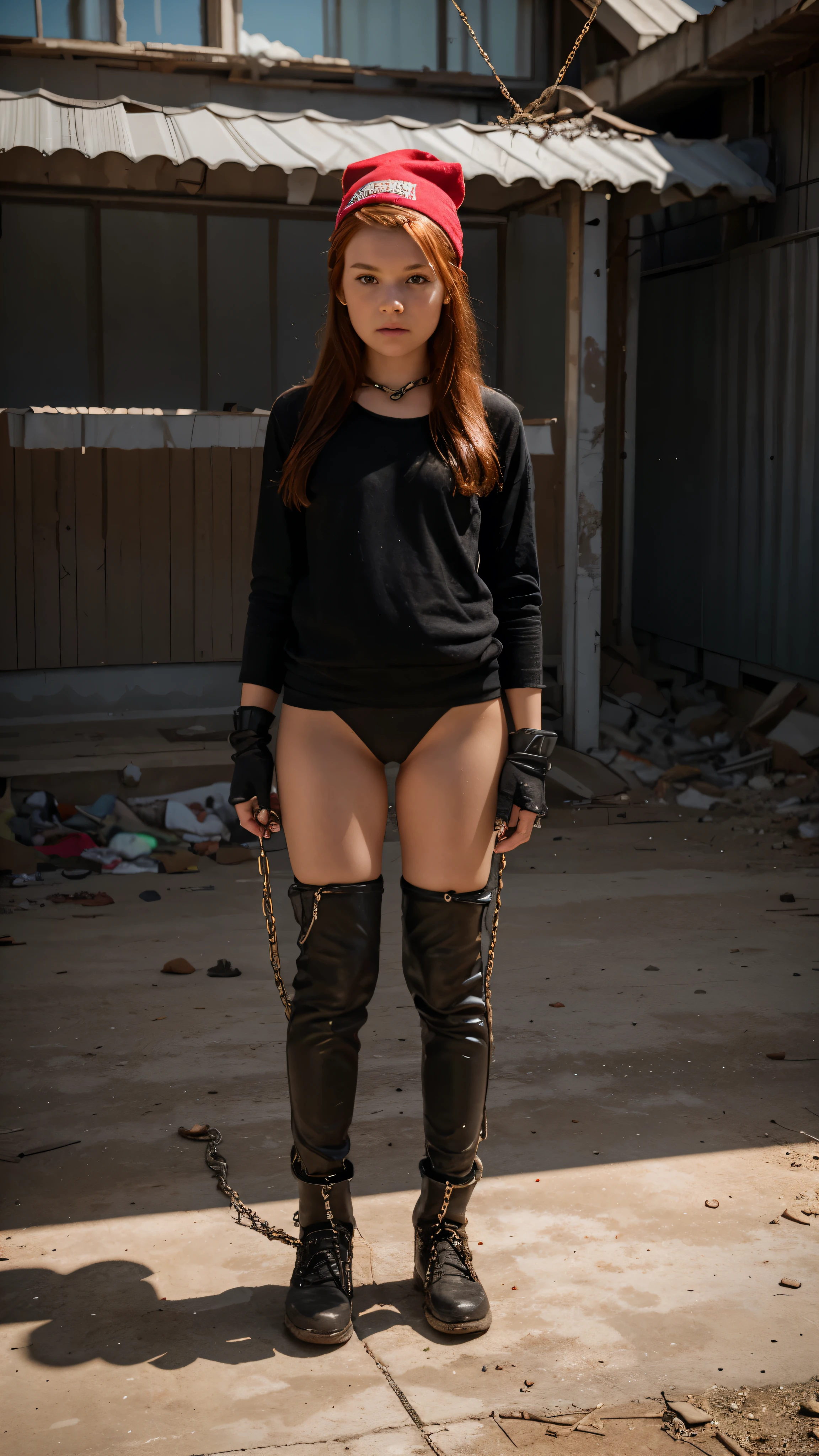 1 girl, redheadwear, ( ), ((new)), (Chained), Post Apocalypse Background, full body image.