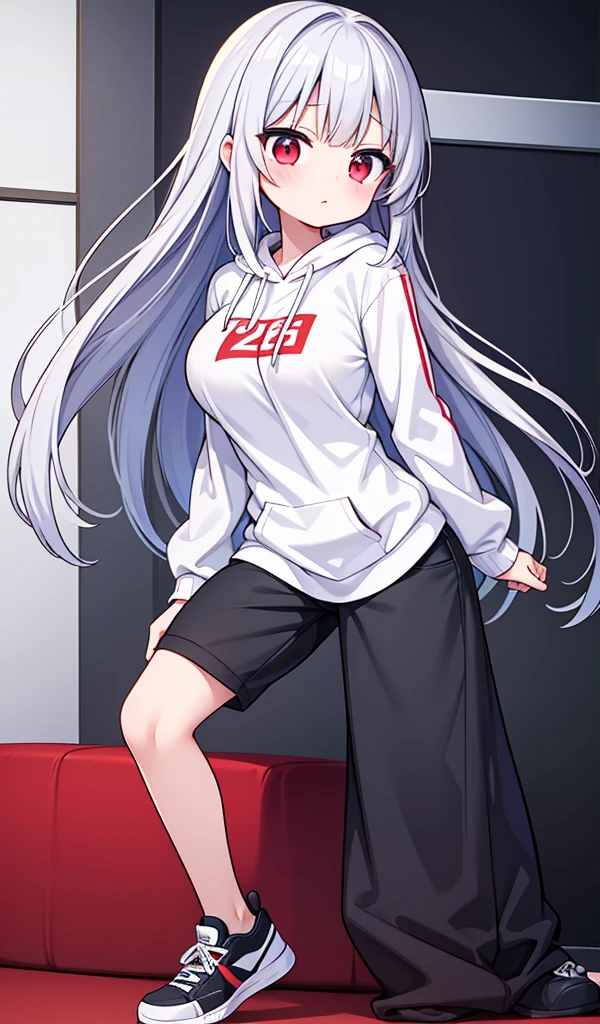 1older sister、Silver straight hair、Red Eyes、17歳のolder sister、Sharp Eyes、White and blue hoodie jumper、Black jeans、Black sneakers、Have acrobatic movements、Under her jersey she wears a white T-shirt that reveals her very large breasts.、ボン・キュッ・ボンの身体突きをしたolder sister、The body is slightly twisted.、Holding his chest up proudly