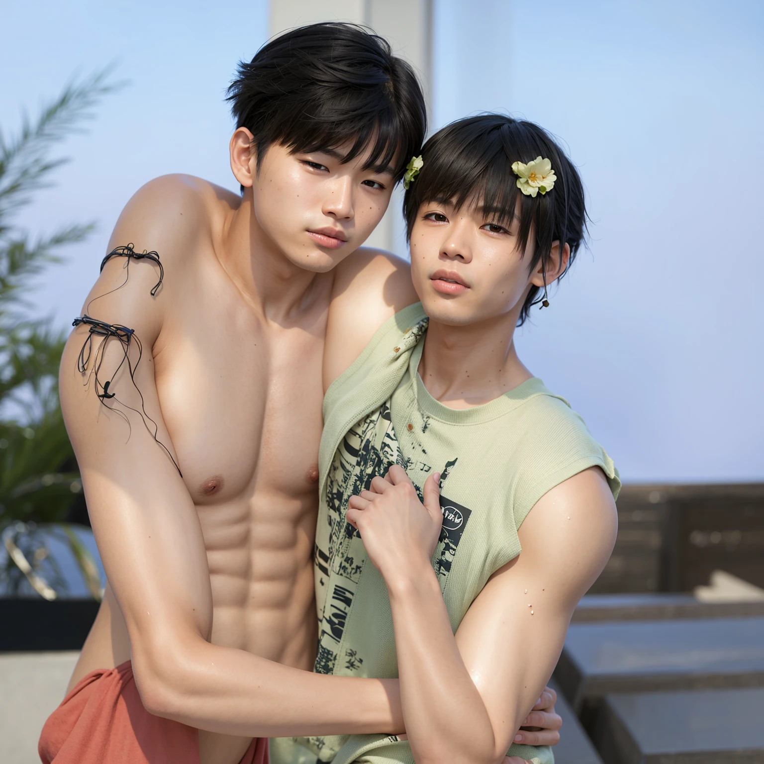 8k resolution, realistic, glossy skin, high quality, high display, shadows shading, smooth hair, Asian boy, hairpin, wet body