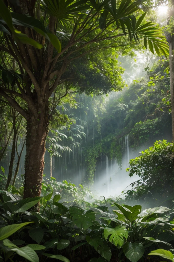 Create an ultra-realistic image of a rainforest at dawn. Use state-of-the-art equipment to capture every detail in high definition. Make sure the image has a balanced brightness, sharp contrasts and vibrant saturation. Lighting should be natural, enhancing the textures of the leaves, the humidity in the air and the colors of the birds in an authentic way. The composition must be impeccable, with meticulous attention to detail and a precise focus on the dewdrops on the leaves.
