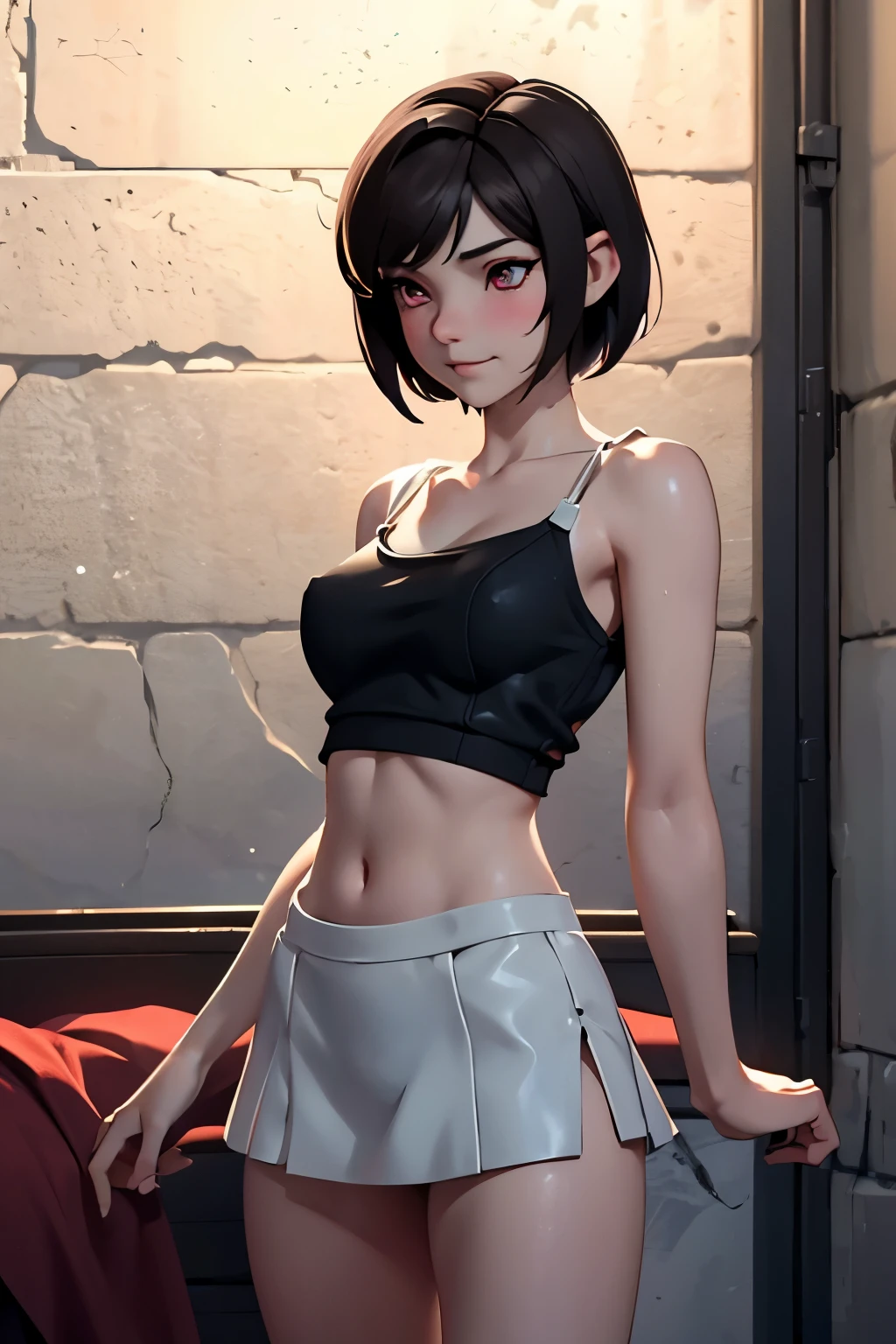 Micro mini skirt and midriff spaghetti strap tank top showing hard nipples through the fabric (masterpiece), (top-quality), 8K resolution, Ultra-detail, Ultra-detail, realisitic, a picture, photorealisim, (1girl), Tifa, Final Fantasy, tifa lockhart, rays of sunshine, cinematic, Cool Pose, concrete wall,metal pipes,Details red eyes,Detailed double eyelids,Short Hair Dark Brown Color,slender figure,Model body type,bustBcups nude and naked lady Jack-o pose short hair pixie cut masturbate in bed with her lovely legs spread apart showing pussy dripping wet cute and adorable blushing shy girl young black African lady