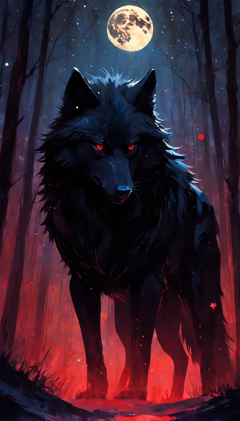 a fierce dark wolf with red eyes, magic, forest, fantastic, night sky, moon, stars, background, (simple oil painting in a style to Bill Sienkiewicz)
