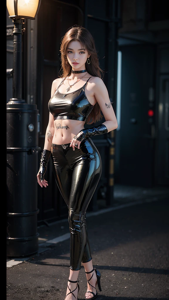 ((masterpiece:1.4)、(Highest quality:1.4)、(Realistic:1.7))、Masterpiece:1.4、(Top-notch rendering:1.4)、(Space Federation 3WA Special Agency Female Officer:1.4)、Super Beautyエージェント、(By Luis Royo:1.4)、Ready your gun?:1.2、(Futuristic sci-fi battle fashion:1.2)、(Street Style Wear)、(Tight Fit Pants)、(Shiny luxury latex:1.4)、(Luxury Red Latex:1.4)、22 years old、(Cute Tattoos:1.4)、(Wearing black gloves)、Cute Girl、Super Beauty、(Seductive pose)、Sharp Focus、Portrait Photography:1.4、8K、Photorealistic images:1.4、(Perfect female body:1.4)、Perfect proportions、(Standing:1.4)、(Upper body shot:1.4)、Beautiful Face、Fearless look、Beautiful Eyes、(A girl with a beautiful body and slender abdominal muscles)、(Narrow waist:1.4)、(9-body proportions beautiful girl:1.4)、(A beautiful girl with long legs and a good figure:1.4)、Beautiful feet:1.2、(Long Hair:1.2)、Heavy makeup、Eyeshadow、Glow Eye、Glow Lip、Beautiful breasts、Large Breasts:1.2、sexy ass、(Standing facing forward:1.4)、Raw photo、Red lips、Red high heels:1.4、choker:1.4、necklace:1.4、Earrings:1.4、1 Screen Display:1.4、Beautiful night view of cyberpunk city:1.2
