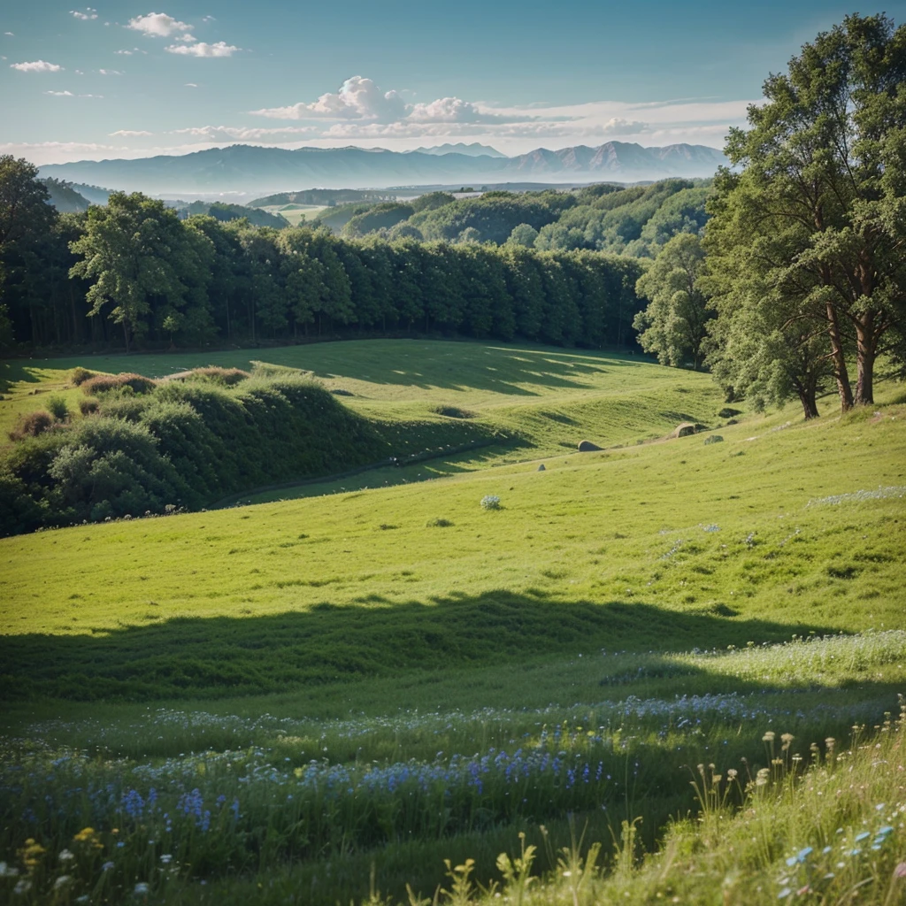 a beautiful and greenish meadow with a blue sky giving a heroic landscape and an adventure that cannot be seen , the image must be a drawing without realism