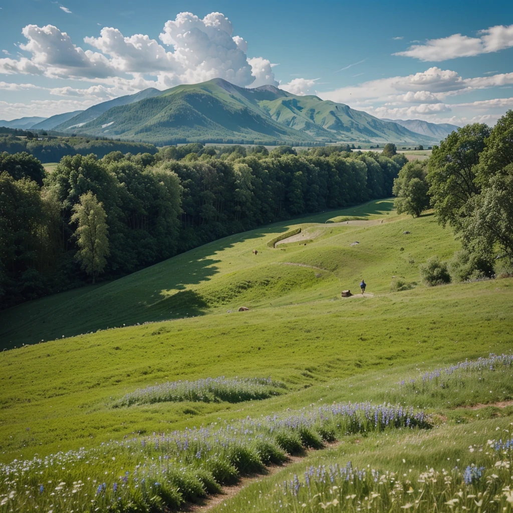a beautiful and greenish meadow with a blue sky giving a heroic landscape and an adventure that cannot be seen , the image must be a drawing without realism