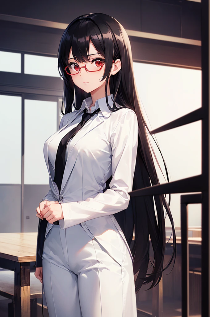 (masterpiece; best quality: 1.2), (finely detailed eyes: 1.3), ((25 year old woman)), ((solo)), (red eyes: 1.4), (body; gorgeous, luscious, femenine: 1.3), (silky black hair: 1.3), (beautiful and clear background: 1.2), ((depth of field)), (equipment: white unbuttoned labcoat + black shirt + white necktie + white pants + black square glasses: 1.3), (anime illustration: 1.2), (background composition; japanese highschool classroom + furniture: 1.1), (extremely fine and beautiful: 1.1), (shot composition; standing + centered on torso + close-up: 1.5), (expression; calm, stoic: 1.2)