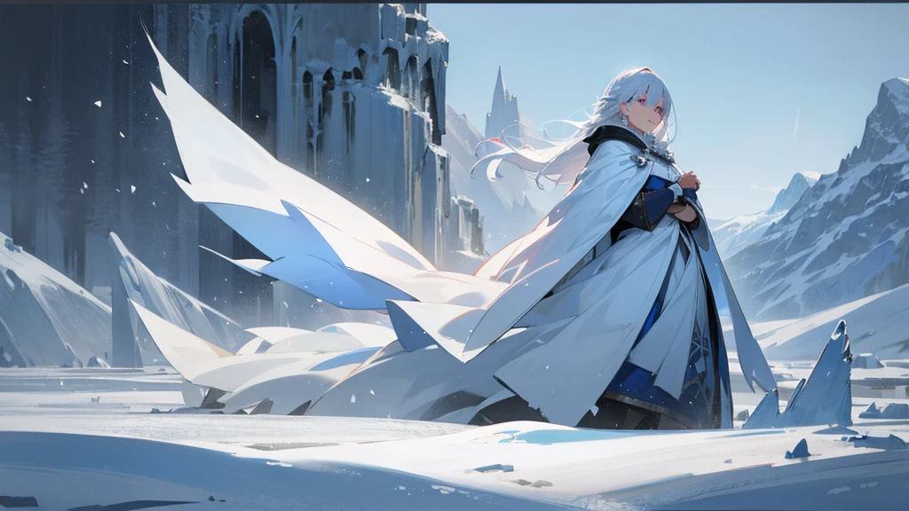 A woman in a cloak of ice and snow, snow-white hair and a cold look. The background is a winter scene with falling snow and ice-covered mountains.