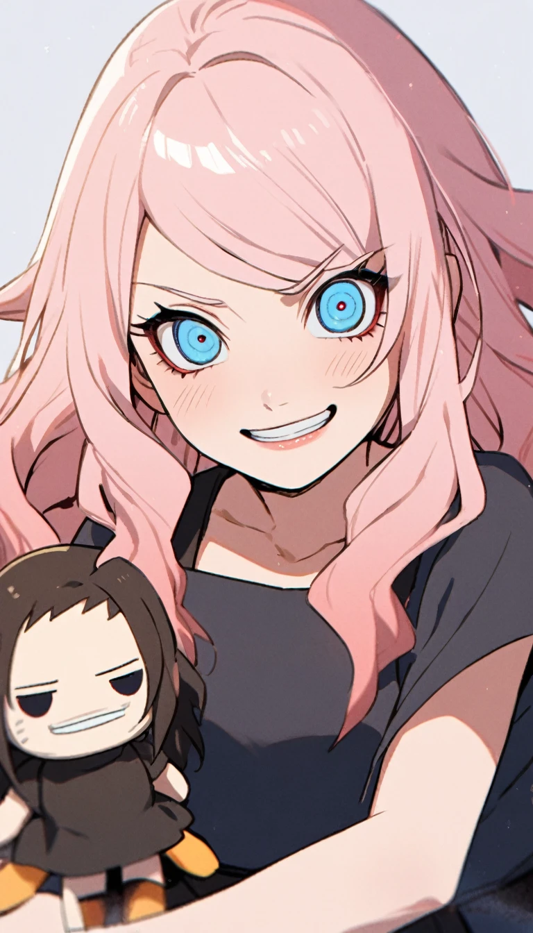 1 naruto style girl, long wavy hair, light pink hair, hair with blue tips, light blue eyes, doll black dress, Grinning 