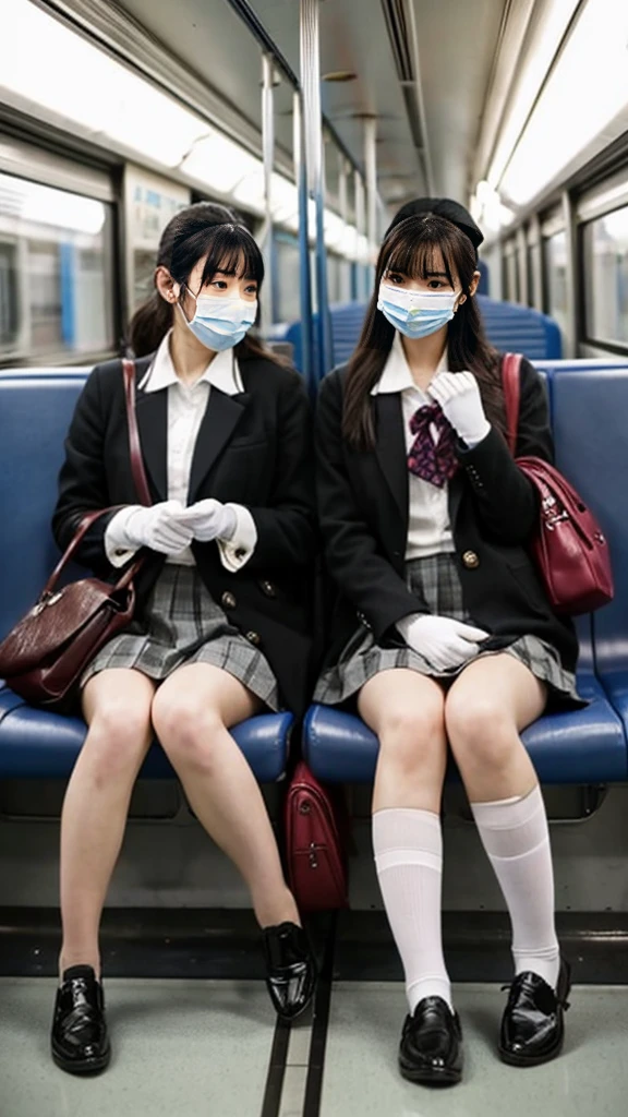 A photo of two adult Japanese high school students wearing masks, leather shoes, duffle coats, and shiny thin black leather gloves.,Inside the train,Voyeur,Thick makeup face,Highly detailed face, Both of them have beautiful legs crossed,The person is making a disgusted face at the photographer..Smelly socks, ,Ultra mini skirt,lol,School Bags,This photo was taken in daylight with soft lighting...、The girls are sitting on train seats.。. This photo was taken by someone on their cell phone...、Apparently it was posted on Snapchat..。. 