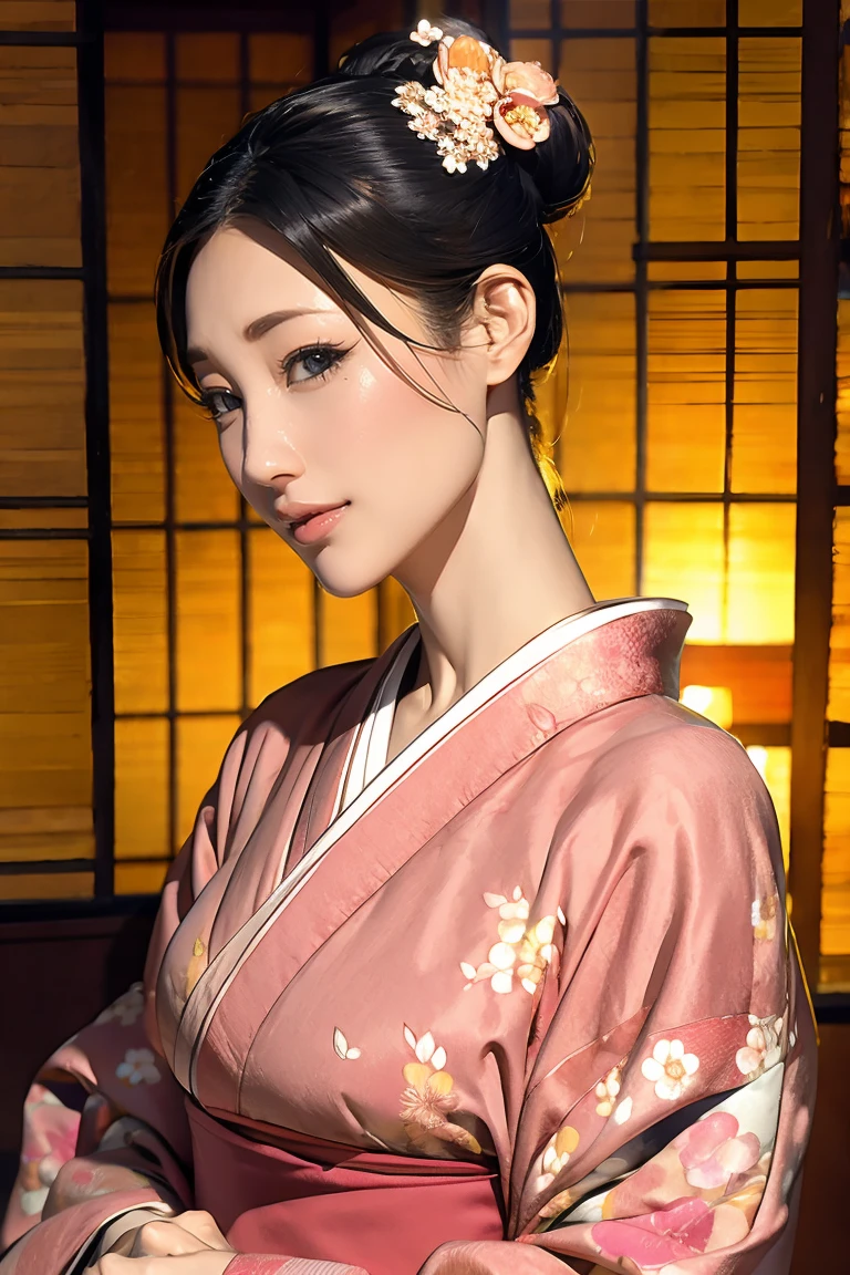 (Highest quality、Tabletop、Best image quality、Award-winning works)、 1 Beautiful Mature Woman、(A beautiful kimono with an elegant floral pattern:1.3)、Perfect female portrait photography、Glowing Skin、Standing Elegantly、(The simplest solid color background:1.2)、Glowing Skin、smile、Large Breasts、Accentuate your body lines、Upper body photo、Hair Bun