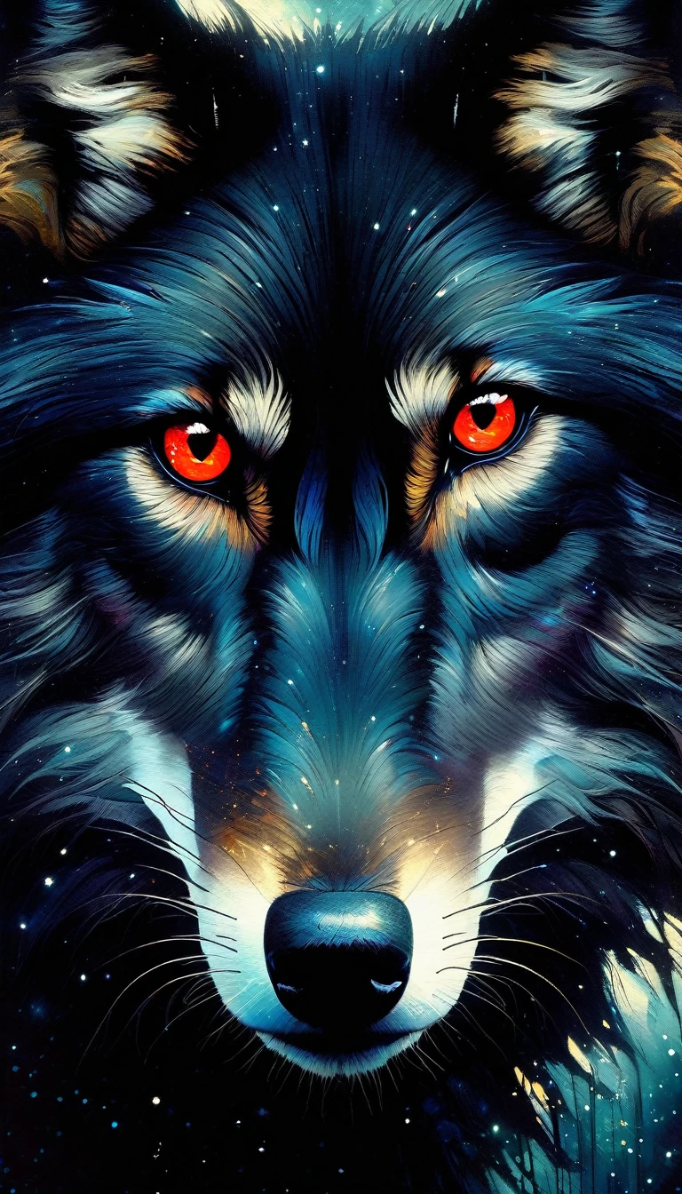 a fierce dark wolf with red eyes, magic, forest, fantastic, night sky, moon, stars, (simple oil painting in a style to Bill Sienkiewicz), detailed wolf face, detailed fur texture, detailed eyes, dramatic lighting, moody atmosphere, cinematic composition, intricate details, vibrant colors, dramatic shadows, dynamic pose, mystical elements, (best quality,4k,8k,highres,masterpiece:1.2),ultra-detailed,(realistic,photorealistic,photo-realistic:1.37)