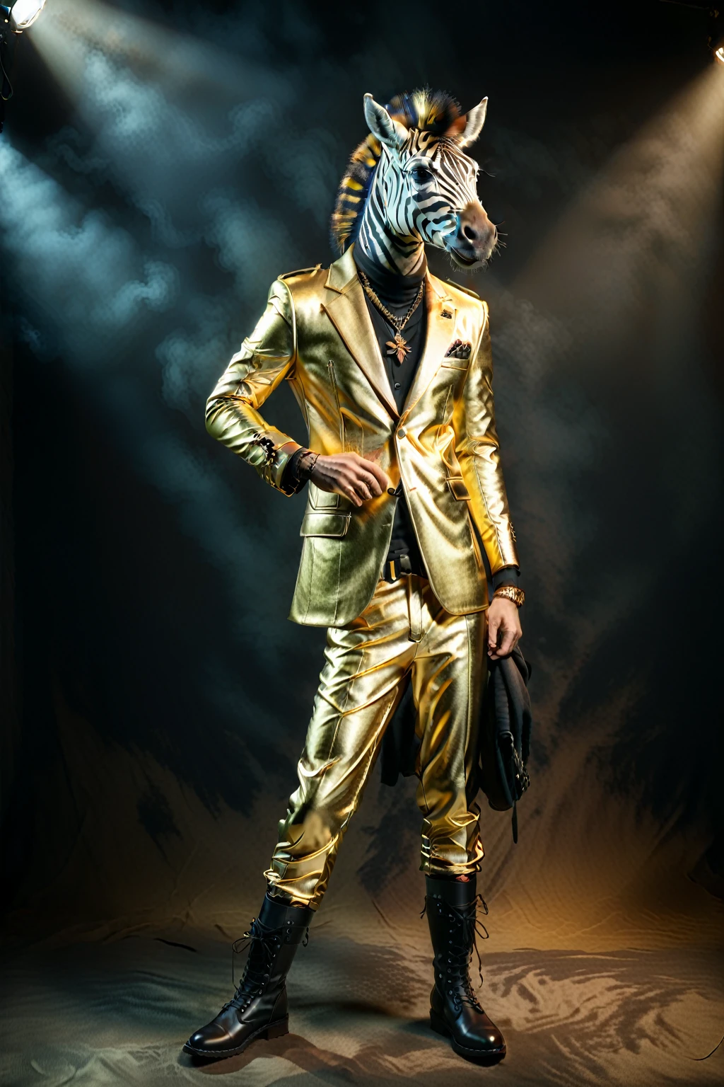 

So you can edit it later、Gold suit with space above head and sunglasses、Full body zebra print Anthropomorphic zebra。金色スーツのセットアップにサングラス
金色のスーツにサングラスのファッションでド派手な装飾した独特のポーズをする

The background is darkに怪しげな金色の煙、A mysterious golden light shines through it. The character is also illuminated and clearly visible. Create an image with this composition according to the following rules.。
 High resolution textures、Texture、Realなディテール、
The background is dark、Mysterious and、There is a good atmosphere、Dramatic lighting and high contrast images、Extremely high resolution to create photo-realistic card game patterns。
The design will be surrounded by a border、80 from the center of the space so that the character is not hidden%Please。
Use indirect lighting and textured backgroundake the central character stand out。
Full body portrait、Dynamic pose。
 にかくテクスチャがRealで細かいファッションの服。
Fashionable sneakers、boots、Sandals、hat、Smoke Accessories Necklace、Earrings、ring、bandana car、bike、Tattoos etc.、Choose according to your outfit and mood。
Real、8K




(masterpiece、Highest quality、high detail、超Real:1.2)、 
Anthropomorphic animals、Full body portrait

(Photorealistic:1.4), Cinematic lighting, 8K  UHD、 
Professional Photography、

(詳細な毛皮のTexture:1.3), Expressive eyes、 
Designer clothing、Luxury Brands、 
(Perfect tailoring:1.2), High Fashion Accessor
Moody atmosphere、Dramatic Shadows、 
High contrast lighting、Depth of written boundary、
Film Grain、Color Grading、

(Color Palette：1.3）、（Calm earth colors：1.2）、 
(Rich Brown：1.1）、（Deep Gray：1.1）、（subtle gold accents：1.0）、
(warm color：1.1）、（Color harmony：1.2）、

(Soft diffused lighting：1.2）、（Rim lighting：1.1）、
(Volumetric Lighting:1.0), (Ambient Occlusion:1.1)