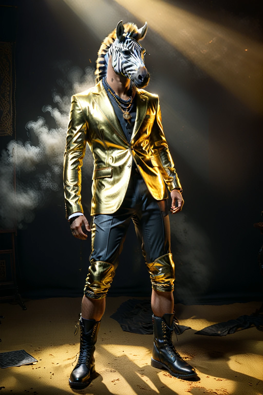 

So you can edit it later、Gold suit with space above head and sunglasses、Full body zebra print Anthropomorphic zebra。金色スーツのセットアップにサングラス
金色のスーツにサングラスのファッションでド派手な装飾した独特のポーズをする

The background is darkに怪しげな金色の煙、A mysterious golden light shines through it. The character is also illuminated and clearly visible. Create an image with this composition according to the following rules.。
 High resolution textures、Texture、Realなディテール、
The background is dark、Mysterious and、There is a good atmosphere、Dramatic lighting and high contrast images、Extremely high resolution to create photo-realistic card game patterns。
The design will be surrounded by a border、80 from the center of the space so that the character is not hidden%Please。
Use indirect lighting and textured backgroundake the central character stand out。
Full body portrait、Dynamic pose。
 にかくテクスチャがRealで細かいファッションの服。
Fashionable sneakers、boots、Sandals、hat、Smoke Accessories Necklace、Earrings、ring、bandana car、bike、Tattoos etc.、Choose according to your outfit and mood。
Real、8K




(masterpiece、Highest quality、high detail、超Real:1.2)、 
Anthropomorphic animals、Full body portrait

(Photorealistic:1.4), Cinematic lighting, 8K  UHD、 
Professional Photography、

(詳細な毛皮のTexture:1.3), Expressive eyes、 
Designer clothing、Luxury Brands、 
(Perfect tailoring:1.2), High Fashion Accessor
Moody atmosphere、Dramatic Shadows、 
High contrast lighting、Depth of written boundary、
Film Grain、Color Grading、

(Color Palette：1.3）、（Calm earth colors：1.2）、 
(Rich Brown：1.1）、（Deep Gray：1.1）、（subtle gold accents：1.0）、
(warm color：1.1）、（Color harmony：1.2）、

(Soft diffused lighting：1.2）、（Rim lighting：1.1）、
(Volumetric Lighting:1.0), (Ambient Occlusion:1.1)