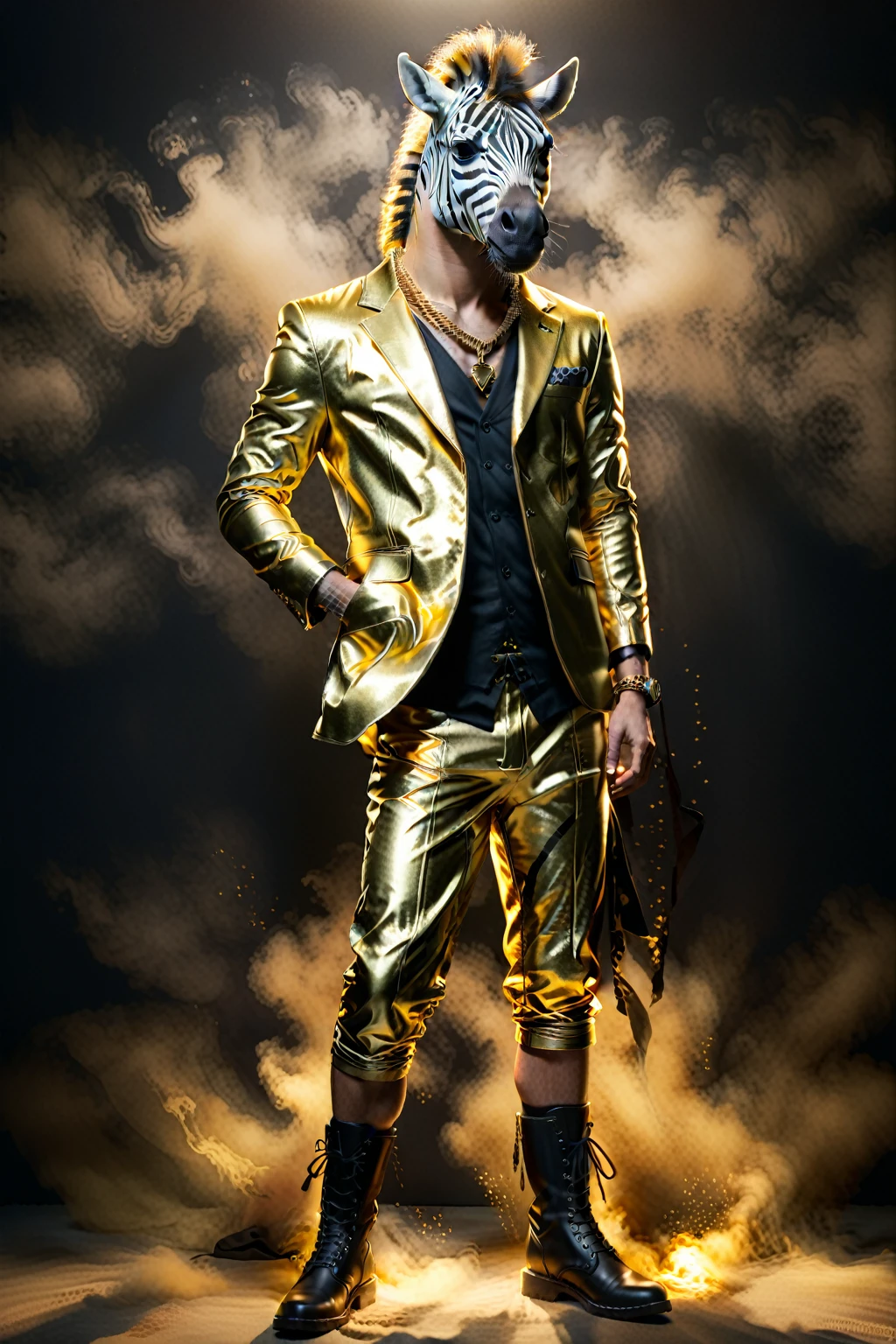 So you can edit it later、Gold suit with space above head and sunglasses、Full body zebra print Anthropomorphic zebra。金色スーツのセットアップにサングラス
金色のスーツにサングラスのファッションでド派手な装飾した独特のポーズをする
The background is darkに怪しげな金色の煙、A mysterious golden light shines through it. The character is also illuminated and clearly visible. Create an image with this composition according to the following rules.。
High resolution textures、Texture、Realなディテール、
The background is dark、Mysterious and、There is a good atmosphere、Dramatic lighting and high contrast images、Extremely high resolution to create photo-realistic card game patterns。
The design will be surrounded by a border、80 from the center of the space so that the character is not hidden%Please。
Use indirect lighting and textured backgroundake the central character stand out。
Full body portrait、Dynamic pose。
にかくテクスチャがRealで細かいファッションの服。
Fashionable sneakers、boots、Sandals、hat、Smoke Accessories Necklace、Earrings、ring、bandana car、bike、Tattoos etc.、Choose according to your outfit and mood。
Real、8K
(masterpiece、Highest quality、high detail、超Real:1.2)、
Anthropomorphic animals、Full body portrait
(Photorealistic:1.4), Cinematic lighting, 8K UHD、
Professional Photography、
(詳細な毛皮のTexture:1.3), Expressive eyes、
Designer clothing、Luxury Brands、
(Perfect tailoring:1.2), High Fashion Accessor
Moody atmosphere、Dramatic Shadows、
High contrast lighting、Depth of written boundary、
Film Grain、Color Grading、
(Color Palette:1.3)、(Calm earth colors:1.2)、
(Rich Brown:1.1)、(Deep Gray:1.1)、(subtle gold accents:1.0)、
(warm color:1.1)、(Color harmony:1.2)、
(Soft diffused lighting:1.2)、(Rim lighting:1.1)、
(Volumetric Lighting:1.0), (Ambient Occlusion:1.1)