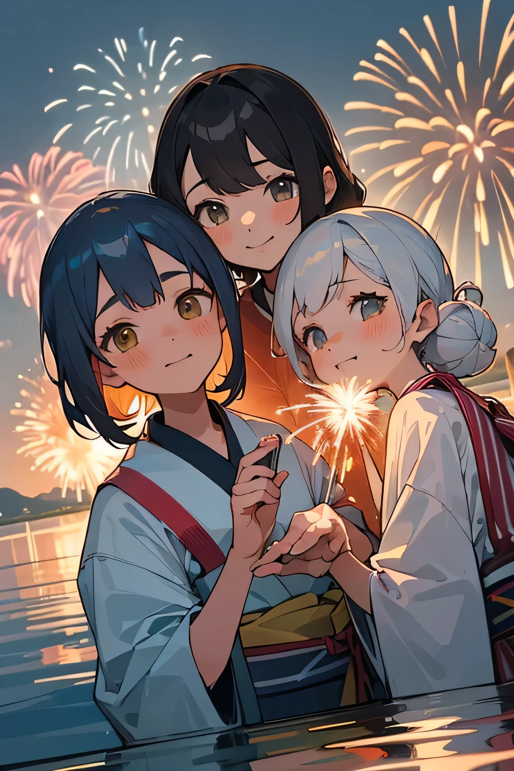 Highest quality、High resolution、Detailed Background、(Beautiful face in every detail:1.4)、Anatomically correct、(Detailed facial expressions)、Teenage beauty、(Highly detailed face:1.2)、well-groomed eyebrows、cute eye makeup、Cute Lip Makeup、A big smile、smile、cute gesture、Lake Biwa、Fireworks display、A fun atmosphere、
(Three beautiful girls taking a selfie with fireworks in the background:1.5)、
We recommend the classic vertical striped yukata。Refreshing impression、Choosing a bright color for your obi will enhance the atmosphere.、Red or blue、Yellow is popular、
The lightweight design of these sandals makes them easy to walk in and makes your feet look neat.、It's also a good idea to pay attention to the use of accessories such as drawstring bags.、
The festive braided arrangement is adorable.、It's also nice to express your individuality with gorgeous decorations.、
We recommend hairstyles that are easy to move around in, such as loose buns or half-up styles.、
Lake Biwa Fireworks display、Fireworks will be launched over the surface of Lake Biwa.、The view of the fireworks reflected on the lake surface is spectacular and makes this a popular viewing spot.、cute