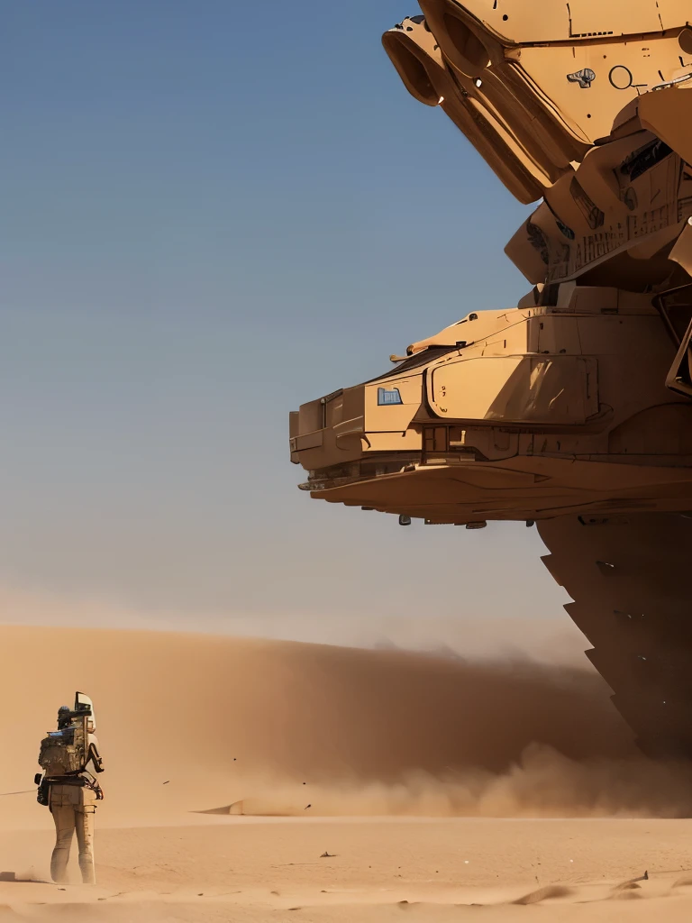 (ultra-detailed), (realistic:1.37), 1woman, beautiful woman, (from back) fit body gorgeous woman, facing giant war robot. 23 years old, desert, sand desert, sandstorm, sand colored dress, floating in wind, giant war robot, war robot, (photorealistic:1.37), Conceptual art, (masterpiece:1.2)