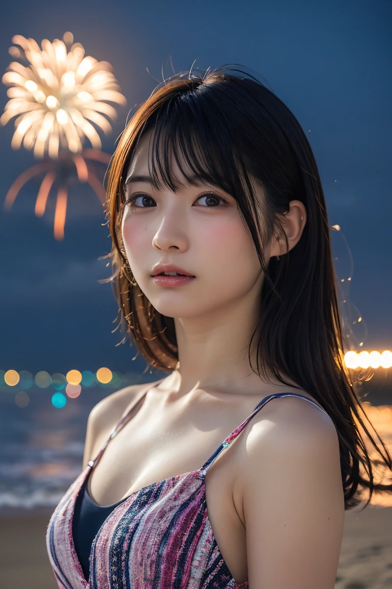 Japanese、Age 25、sister、Randomly generated people with diverse facial features and hairstyles、Perfect ???????,Ocean、Beach、firework、Night Sky、打ち上げfirework、目をOceanつぶる、Mature woman