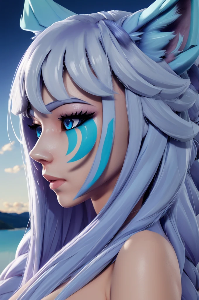 paladins io,Blue eyes, wolf ears, wolf tail, very long light blue hair, facial mark on left cheek,twin braids, canine, Moonlight, Grass, lake, naked big breasts bust profile (incredibly detailed, beautiful detailed face, Masterpiece, Best Quality) huge nude 