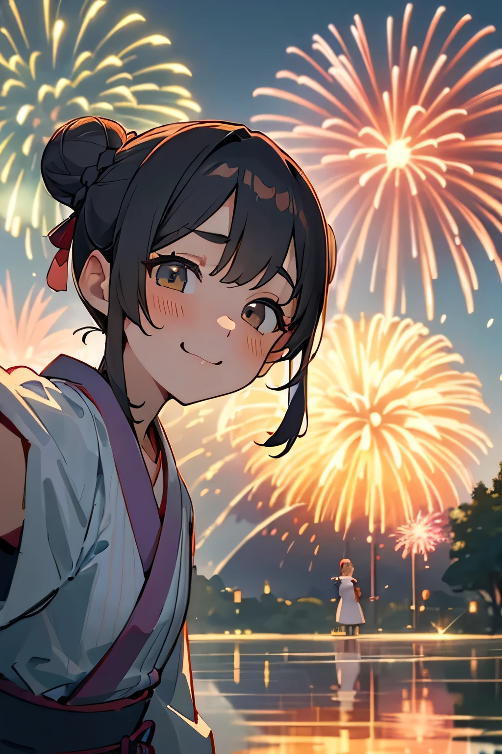 Highest quality、High resolution、Detailed Background、(Beautiful face in every detail:1.4)、Anatomically correct、(Detailed facial expressions)、Teenage beauty、(Highly detailed face:1.2)、well-groomed eyebrows、cute eye makeup、Cute Lip Makeup、A big smile、smile、cute gesture、Lake Biwa、Fireworks display、A fun atmosphere、
(Three beautiful girls taking a selfie with fireworks in the background:1.5)、
We recommend the classic vertical striped yukata。Refreshing impression、Choosing a bright color for your obi will enhance the atmosphere.、Red or blue、Yellow is popular、
The lightweight design of these sandals makes them easy to walk in and makes your feet look neat.、It's also a good idea to pay attention to the use of accessories such as drawstring bags.、
The festive braided arrangement is adorable.、It's also nice to express your individuality with gorgeous decorations.、
We recommend hairstyles that are easy to move around in, such as loose buns or half-up styles.、
Lake Biwa Fireworks display、Fireworks will be launched over the surface of Lake Biwa.、The view of the fireworks reflected on the lake surface is spectacular and makes this a popular viewing spot.、cute