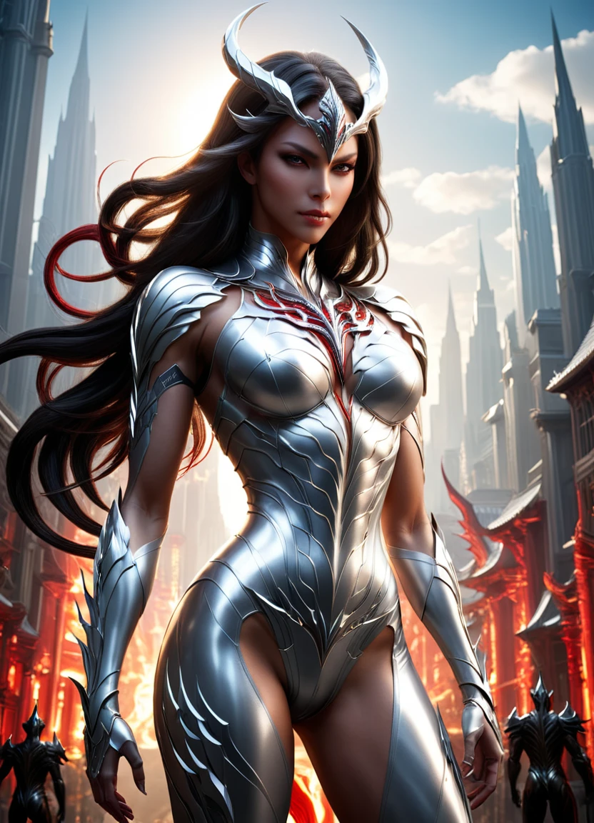 concept art (Digital Artwork:1.3) of (Simple illustration:1.3) a demon woman in a silver and white costume standing in a city, from lineage 2, wearing witchblade armor, lineage 2 revolution style, unreal engine render saint seiya, of a beautiful female warframe, from ncsoft, silver armor and red clothing, hyperdetailed fantasy character, style game square enix, unreal engine render a goddess, 8 k character details CGSociety,ArtStation,(Low Contrast:1.3) . digital artwork, illustrative, painterly, matte painting, highly detailed