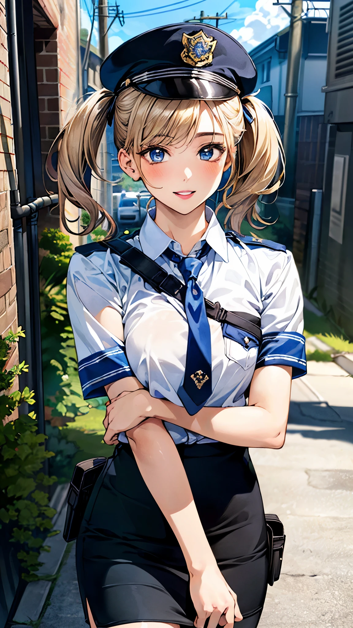 (masterpiece:1.3, top-quality, ultra high resolution, ultra detailed), (realistic, photorealistic:1.4), beautiful illustration, perfect lighting, natural lighting, depth of fields, nsfw,
beautiful detailed hair, beautiful detailed face, beautiful detailed eyes, beautiful clavicle, beautiful body, beautiful chest, beautiful thigh, beautiful legs, beautiful hands,
looking at viewer, 1 girl, policewoman, , (perfect anatomy, anatomically correct), cute and symmetrical face, babyface, perfect face, perfect eyes, shiny skin,
(middle hair, twintails, ash blonde hair), crossed bangs, blue eyes, big eye, long eye lasher, lipstick, (nedium breasts, seductive thighs), slender, outstanding style,
(police uniform, police hat, necktie, pencil skirt, armband, holster), (cute smile, parted lips),
(beautiful scenery), dark, night, (alleyway:1.2, industrial pipe, building, urban, power lines, cloudy sky, sign), breast hold, arms under breasts,