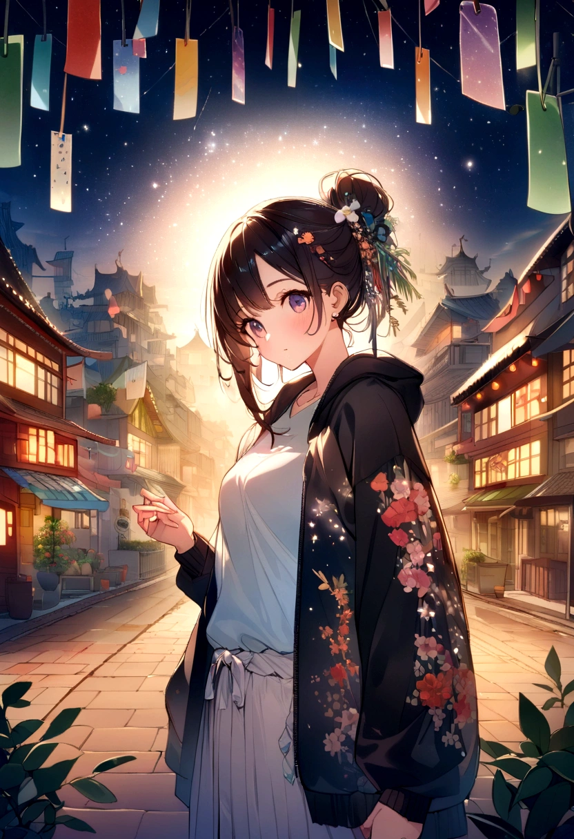 A fusion of graphic art and painting art、girl、Unusual street fashion、night、Starry Sky、Tanabata、front、Uplifting、Transparency、Bright Cities、wood々is rich、morning、High quality、Detailed Background、high resolution、Sparkling