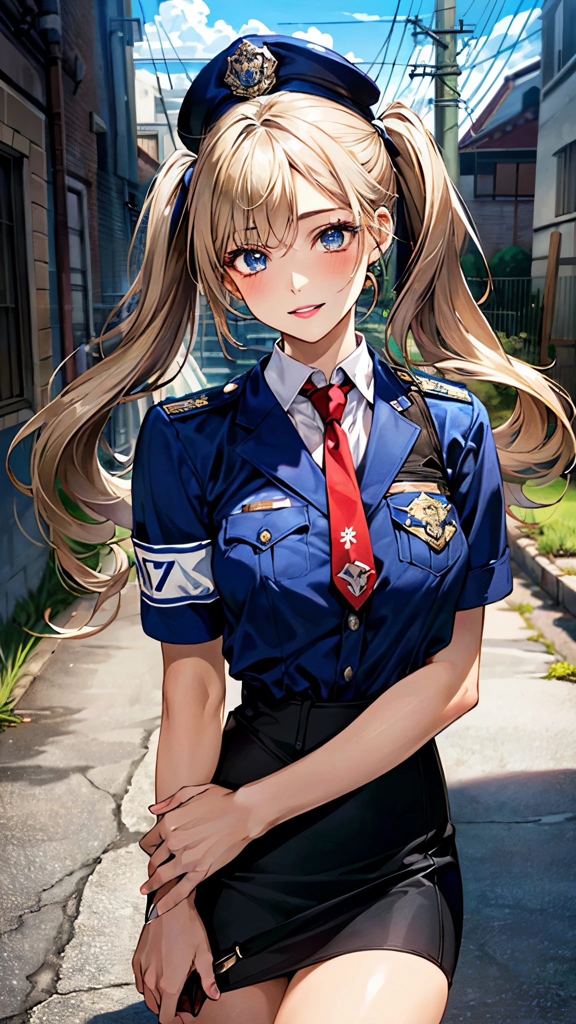(masterpiece:1.3, top-quality, ultra high resolution, ultra detailed), (realistic, photorealistic:1.4), beautiful illustration, perfect lighting, natural lighting, depth of fields, nsfw, 
beautiful detailed hair, beautiful detailed face, beautiful detailed eyes, beautiful clavicle, beautiful body, beautiful chest, beautiful thigh, beautiful legs, beautiful hands, 
looking at viewer, 1 girl, policewoman, 17 years old, (perfect anatomy, anatomically correct), cute and symmetrical face, babyface, perfect face, perfect eyes, shiny skin, 
(middle hair, twintails, ash blonde hair), crossed bangs, blue eyes, big eye, long eye lasher, lipstick, (nedium breasts, seductive thighs), slender, outstanding style, 
(police uniform, police hat, necktie, pencil skirt, armband, holster), (cute smile, parted lips), 
(beautiful scenery), dark, night, (alleyway:1.2, industrial pipe, building, urban, power lines, cloudy sky, sign), breast hold, arms under breasts, 