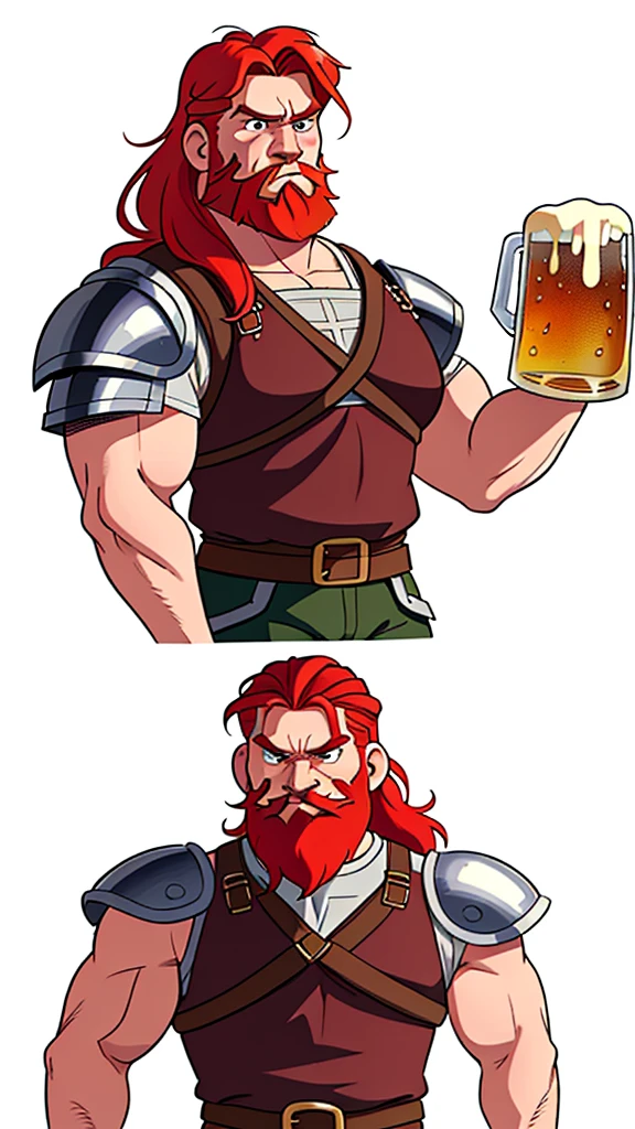 Ingólfr Einarr is a 40-year-old red-haired Viking man with a full and long beard, extroverted, muscular and very attractive, who wears his imposing medieval armor. hyper detailed and super realistic. cartoon style. White background. Ingólfr Einarr raising his arm and holding a mug of beer