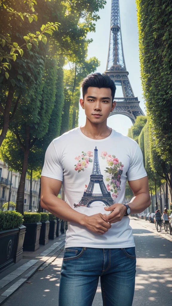 4D realistic image of the dynamic pose of a handsome Indonesian man with a vintage Eiffel Tower background, wearing a casual t-shirt and jeans, Paris streets with flower gardens and green trees, detail, soft lighting, romantic atmosphere, photography, high resolution.