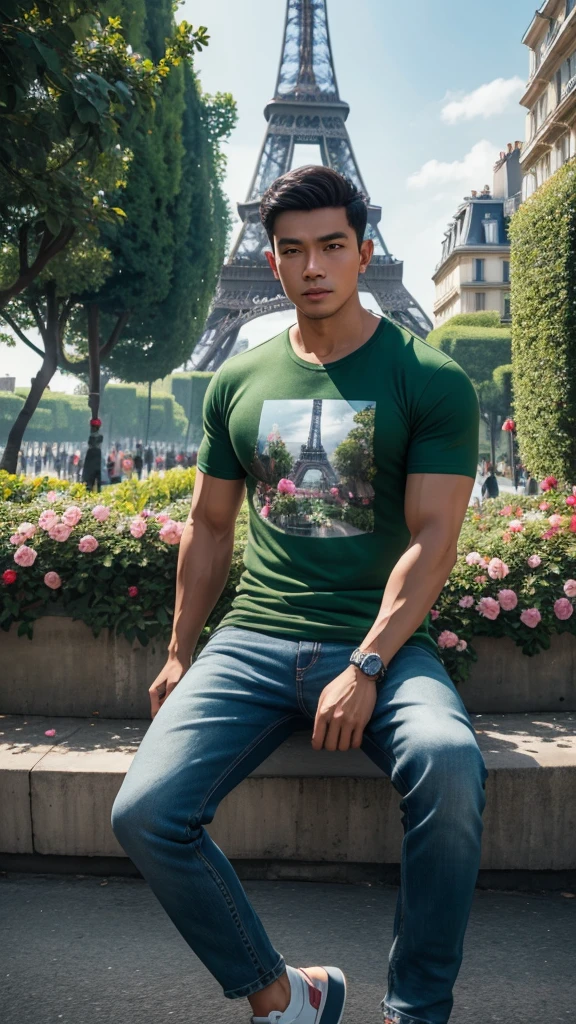 4D realistic image of the dynamic pose of a handsome Indonesian man with a vintage Eiffel Tower background, wearing a casual t-shirt and jeans, Paris streets with flower gardens and green trees, detail, soft lighting, romantic atmosphere, photography, high resolution. 