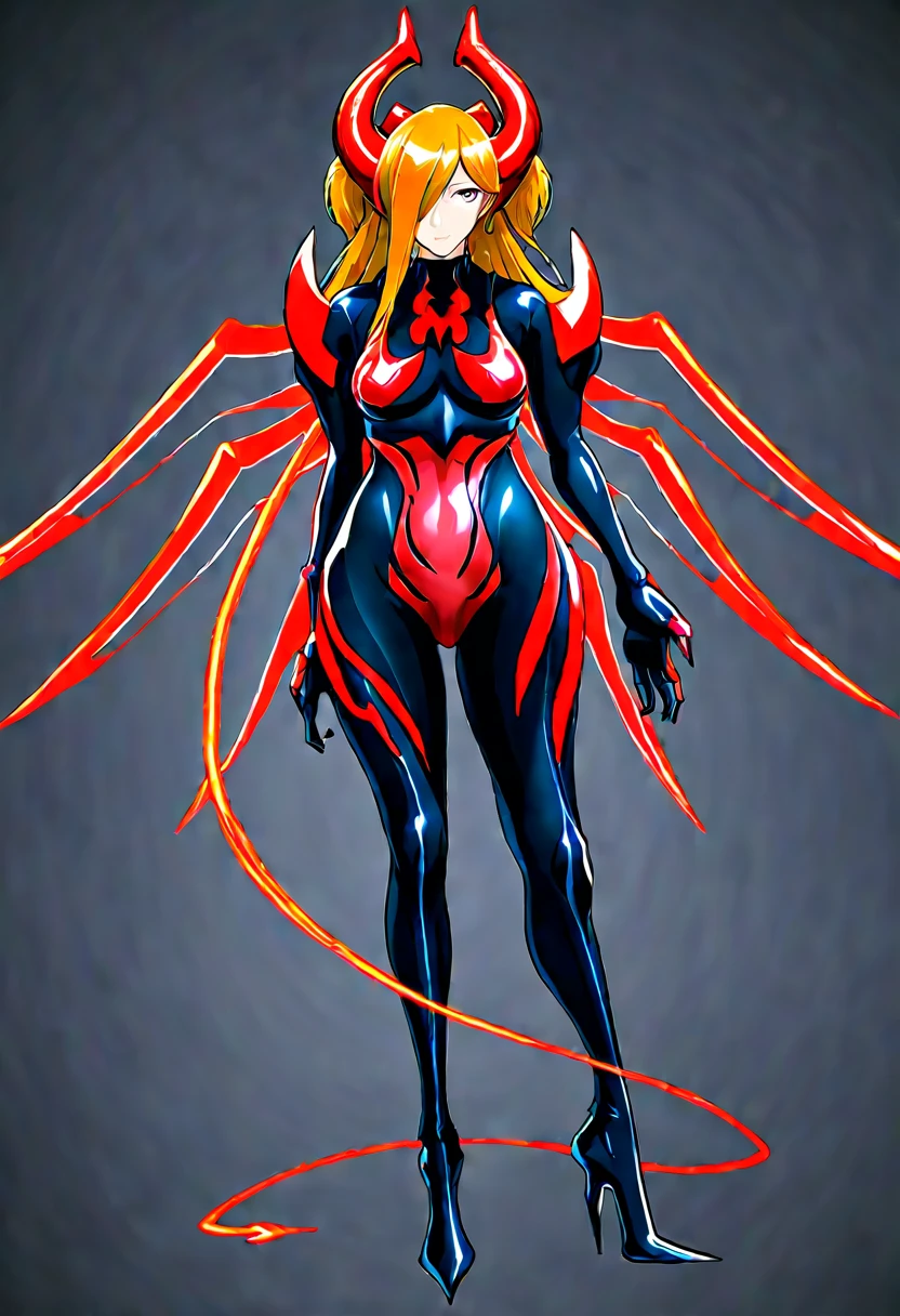 Full-body concept art, 1 woman, A biologically fused woman, A figure fused with a dragon, witch blade motivism, evil fall, symbiote, full body suit, enemy woman, bio full skin suit, high image quality, real, high detail, 16K, black gloves, fortified suit, glossy, digimon, goddess, mature female, mistress, fox mask, masterpiece, 
