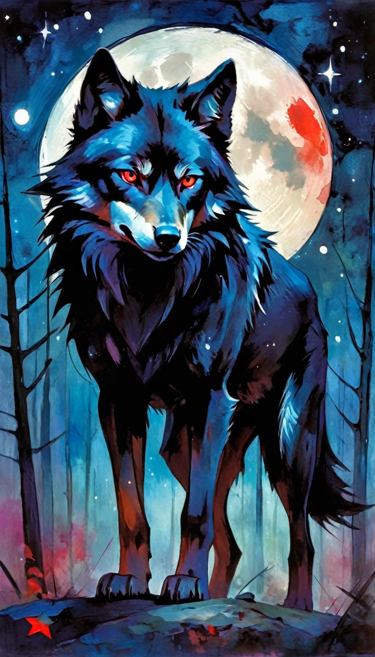a fierce dark wolf with red eyes, magic, forest, fantastic, night sky, moon, stars, background, (simple oil painting in a style to Bill Sienkiewicz)