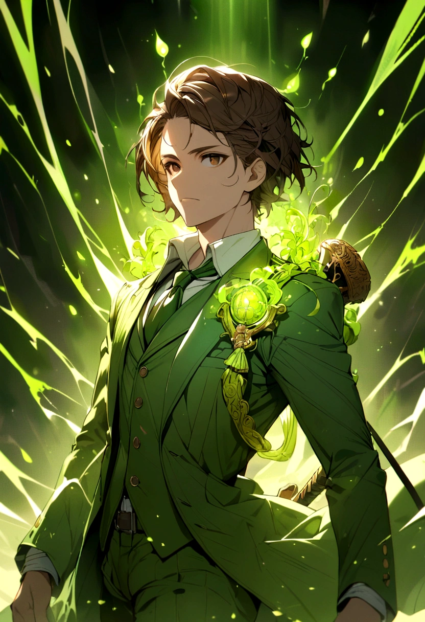 white boy with brown hair, Brown eyes, sword on his back, green hat, Green suit, immersed in a yellow and green energy