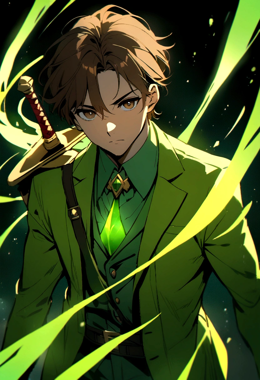 white boy with brown hair, Brown eyes, sword on his back, green hat, Green suit, immersed in a yellow and green energy
